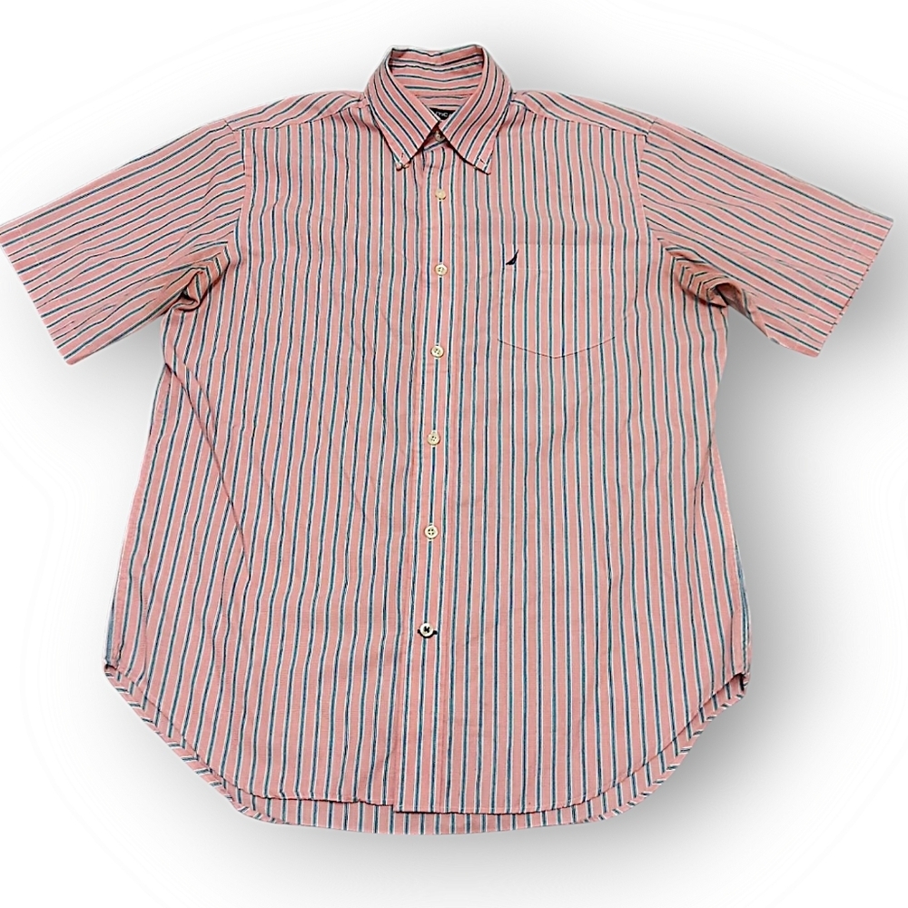 Nautica Mens Medium Pink with Blue Stripes Short Sleeve Dress Shirt